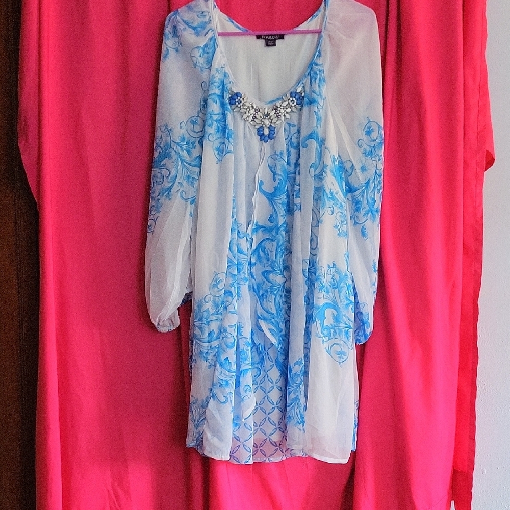 Roaman's White and Blue Relaxed Tunic with 3/4 Sleeves